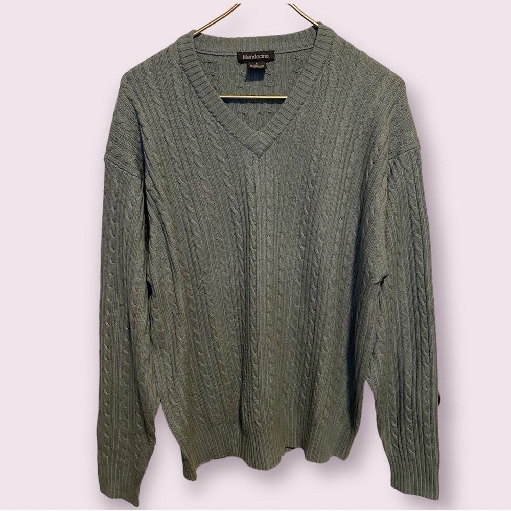 Mendocino cable blue v neck sweater silk cashmere blend Large